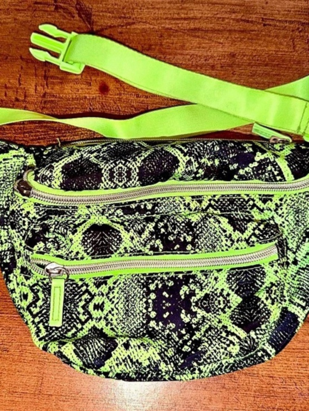 Neon green and black snakeskin/python-print fanny pack waist bag